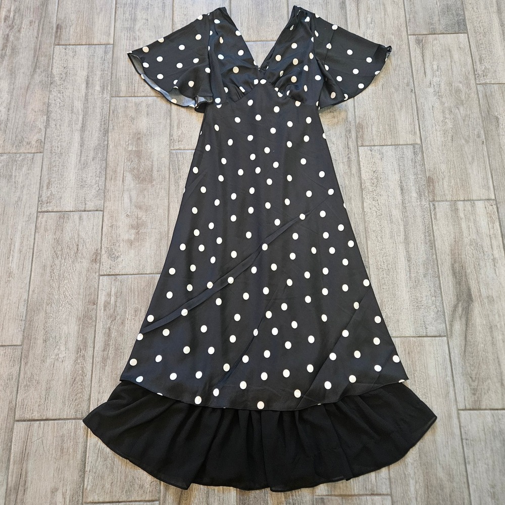 En Saison Floretta Polka Dot Dress Size S Black Flutter Sleeve Midi Retro Pinup - Picture 2 of 10